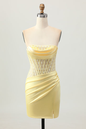 Strapless Corset Ruched Yellow Homecoming Dress With Slit